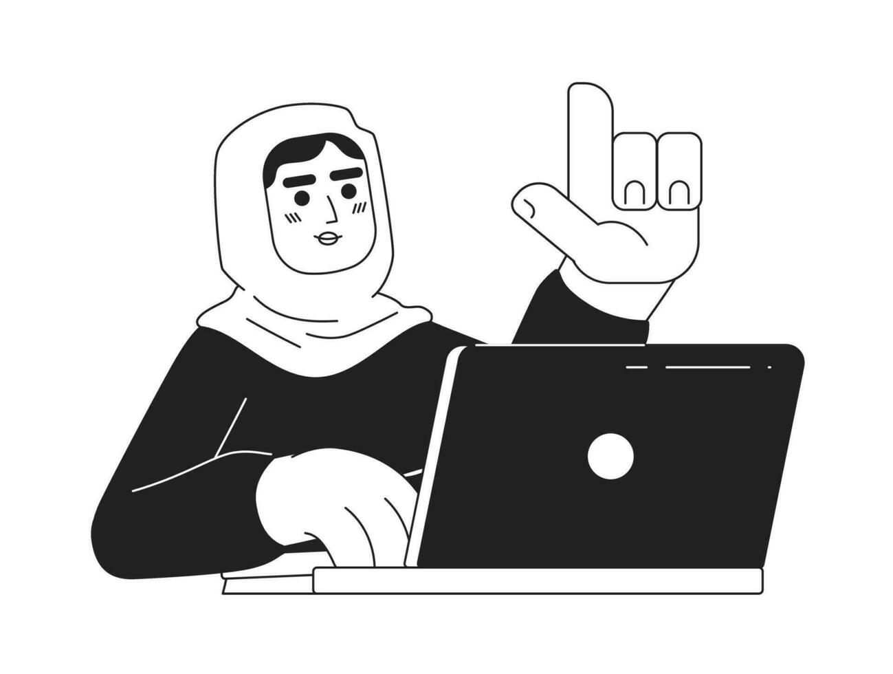 muslim kvinna i hijab på arbetsmonokromatisk platt vektor karaktär. redigerbar tunn linje halv kropp arbetstagare med dator på vit. enkel bw tecknad serie fläck bild för webb grafisk design