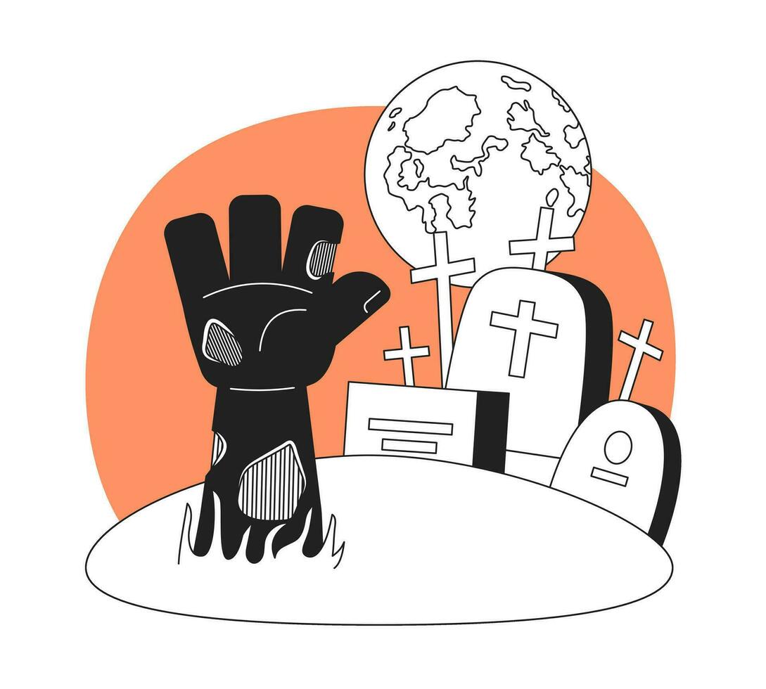 Zombie Friedhof im Halloween Nacht einfarbig Konzept Vektor Stelle Illustration. Mond Nacht Himmel auf gespenstisch Friedhof 2d eben bw Karikatur Szene zum Netz ui Design. isoliert editierbar Hand gezeichnet Held Bild