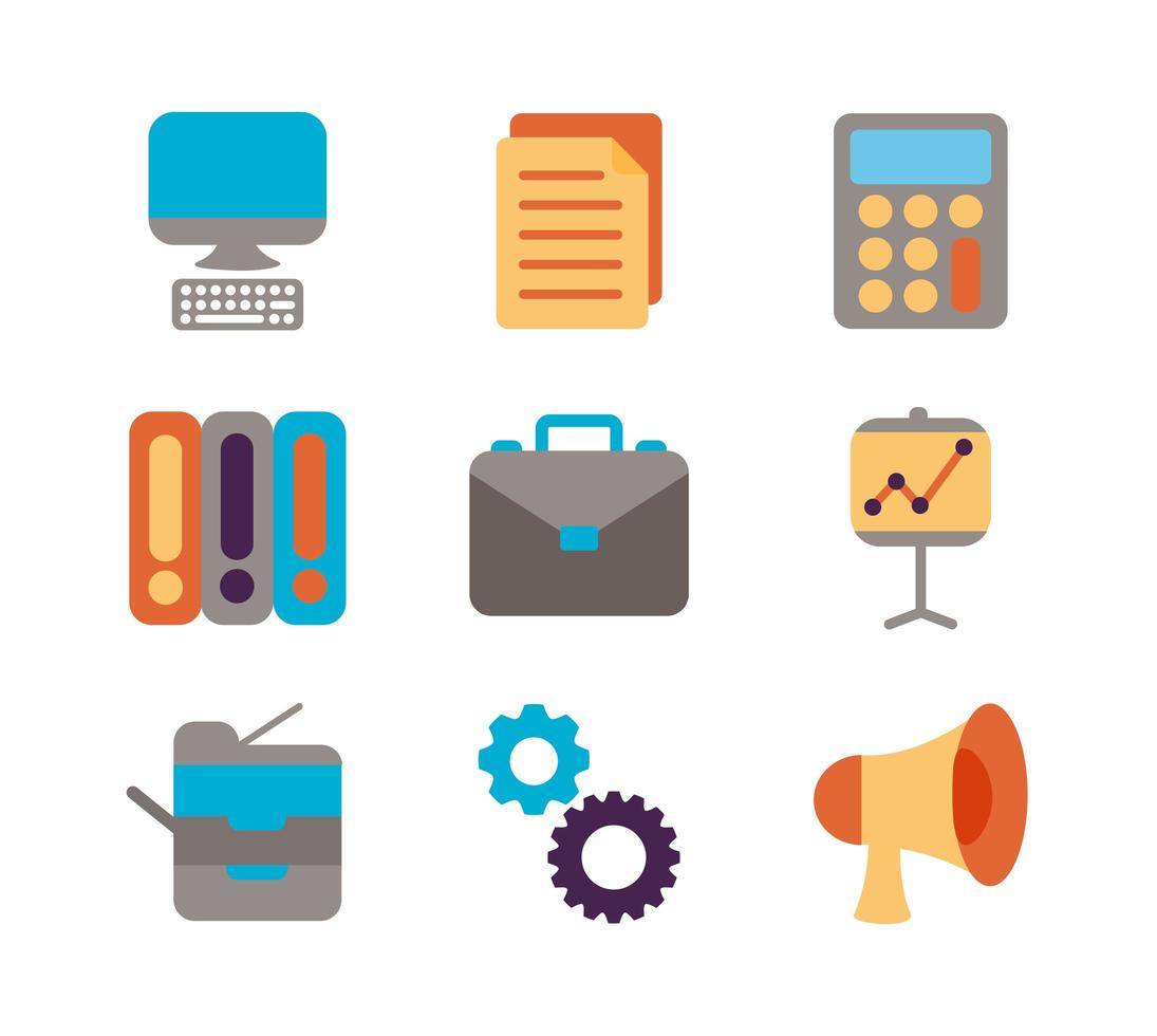 Bündel von Office-Set-Icons im flachen Stil vektor