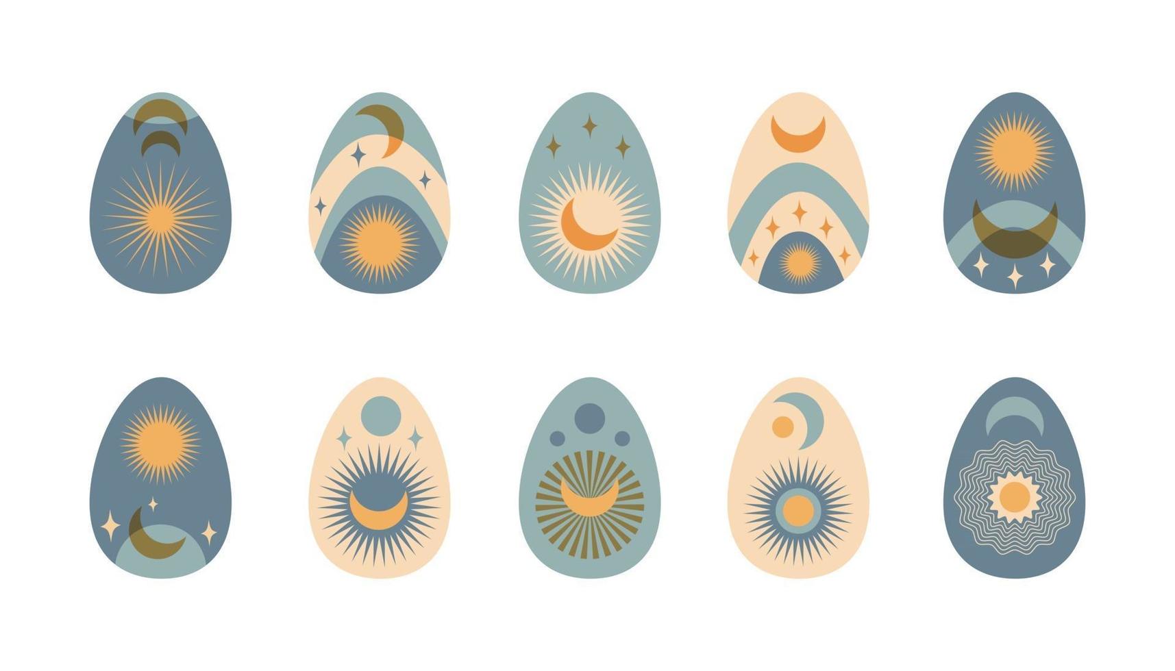 handritad påskuppsättning abstrakta boho-ägg med månen, solen, stjärnan isolerad på vit bakgrund. vektor platt illustration. design för mönster, logotyp, inbjudan, gratulationskort