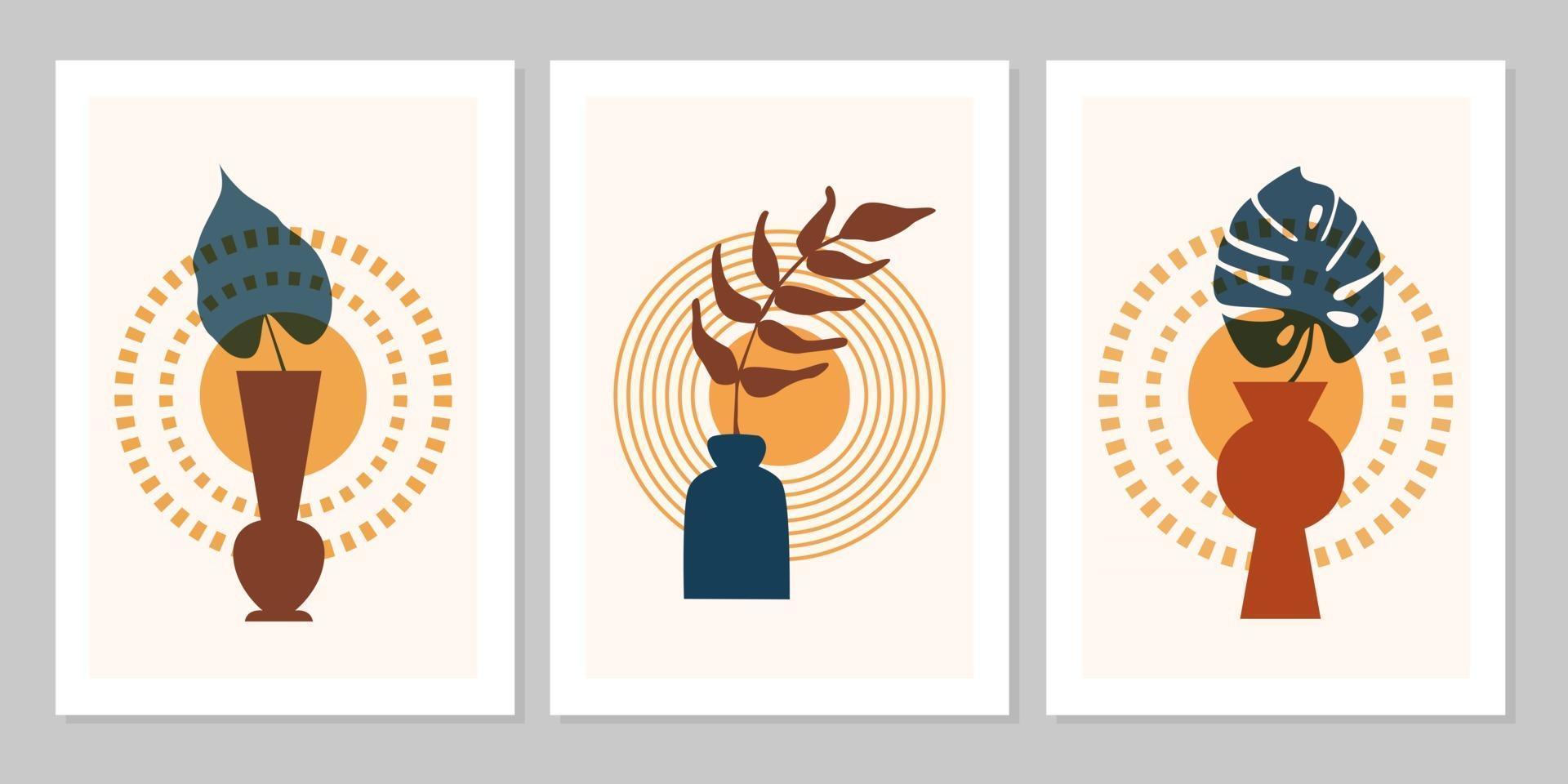 handritad färguppsättning abstrakt boho-affisch med tropiskt blad, vas och sol isolerad på beige bakgrund. vektor platt illustration. design för mönster, logotyp, affischer, inbjudan, gratulationskort