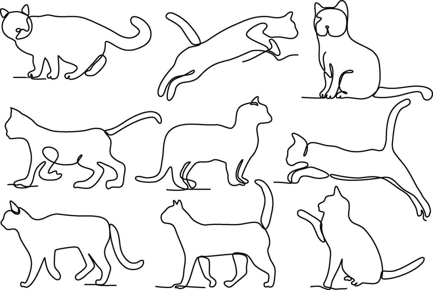 linje teckning kontinuerlig bunt uppsättning av katter vektor illustration