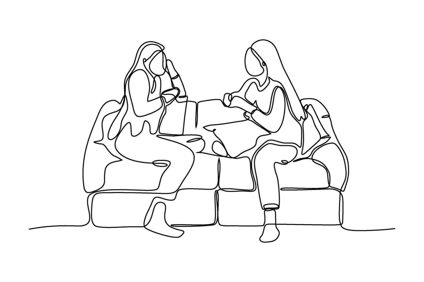 kontinuierlich Linie Vektor Illustration Design von zwei Frauen Sitzung auf Sofa