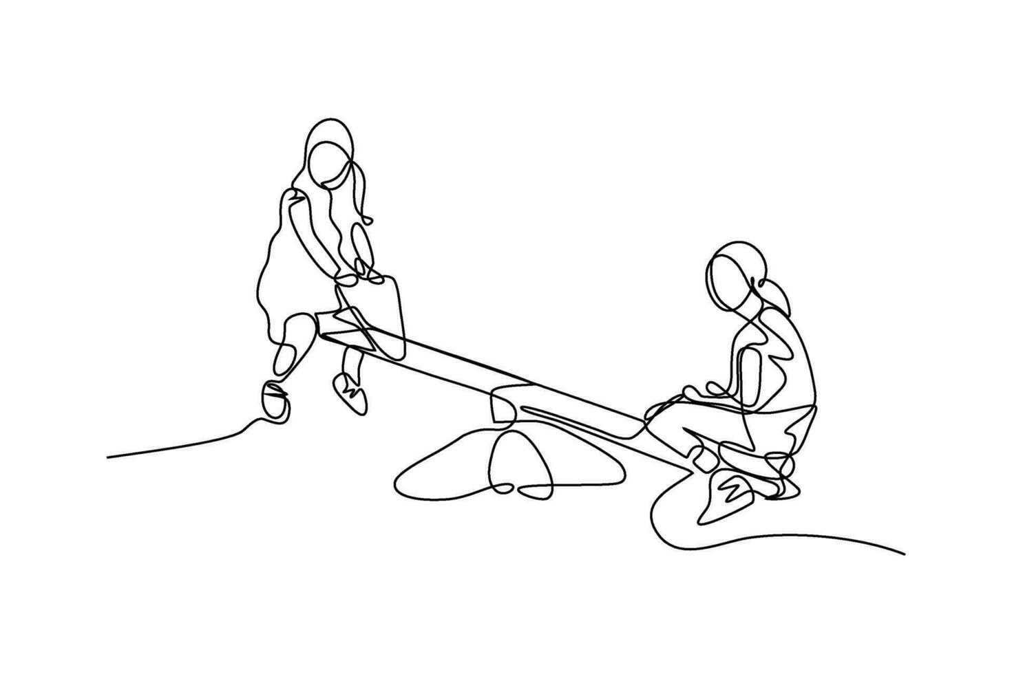 kontinuerlig linje vektor illustration av barn spelar på gungor