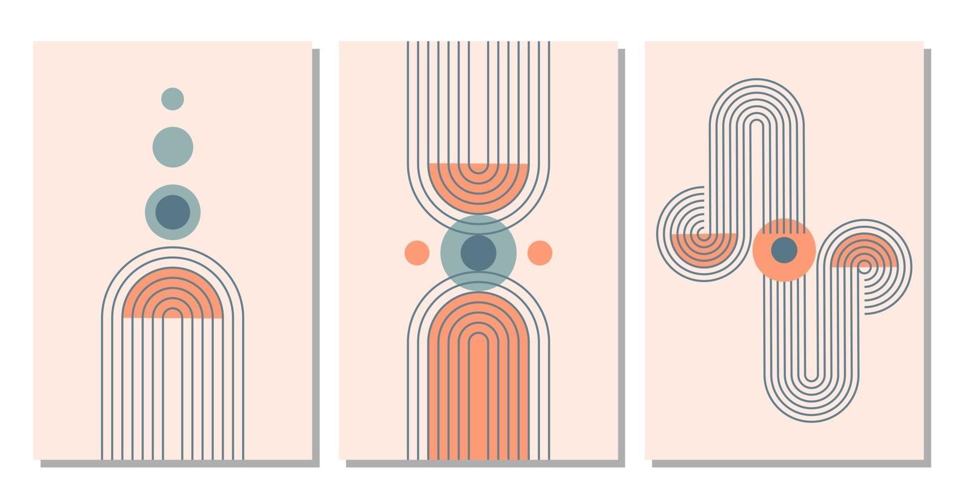 abstrakte zeitgenössische ästhetische Hintergründe mit geometrischen Gleichgewichtsformen, Regenbogen. Boho-Wanddekoration. Moderne minimalistische Kunstdrucksammlung aus der Mitte des Jahrhunderts, Tapeten, Vorlagen. vektor