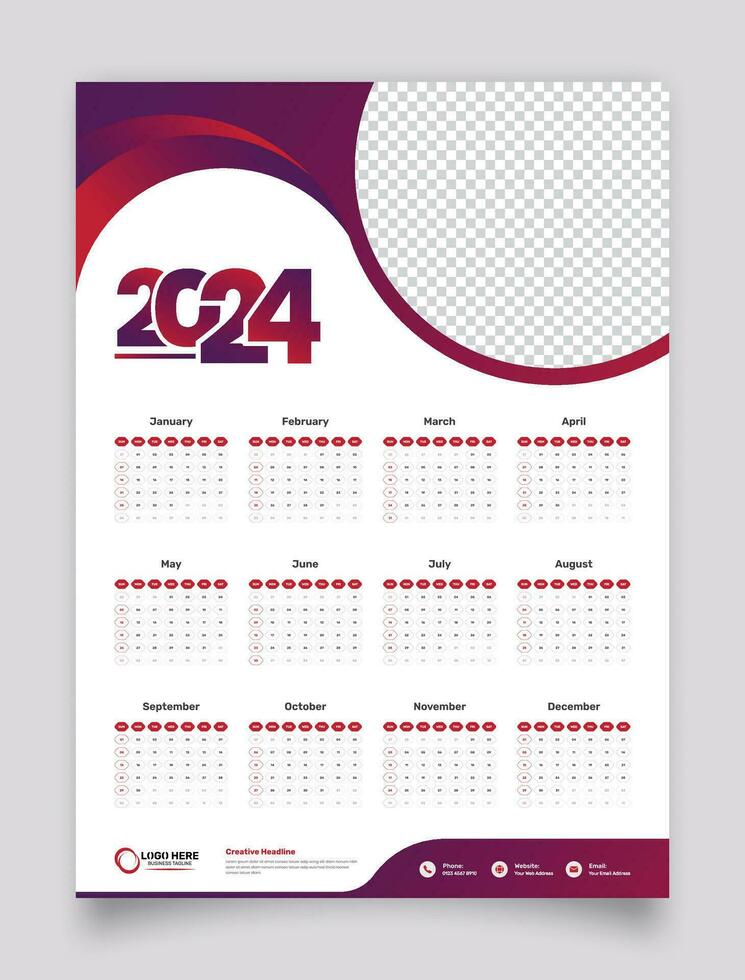 einfach Single Seite Mauer Kalender von 2024 mit Gradient Farbe und Bild Platzhalter vektor