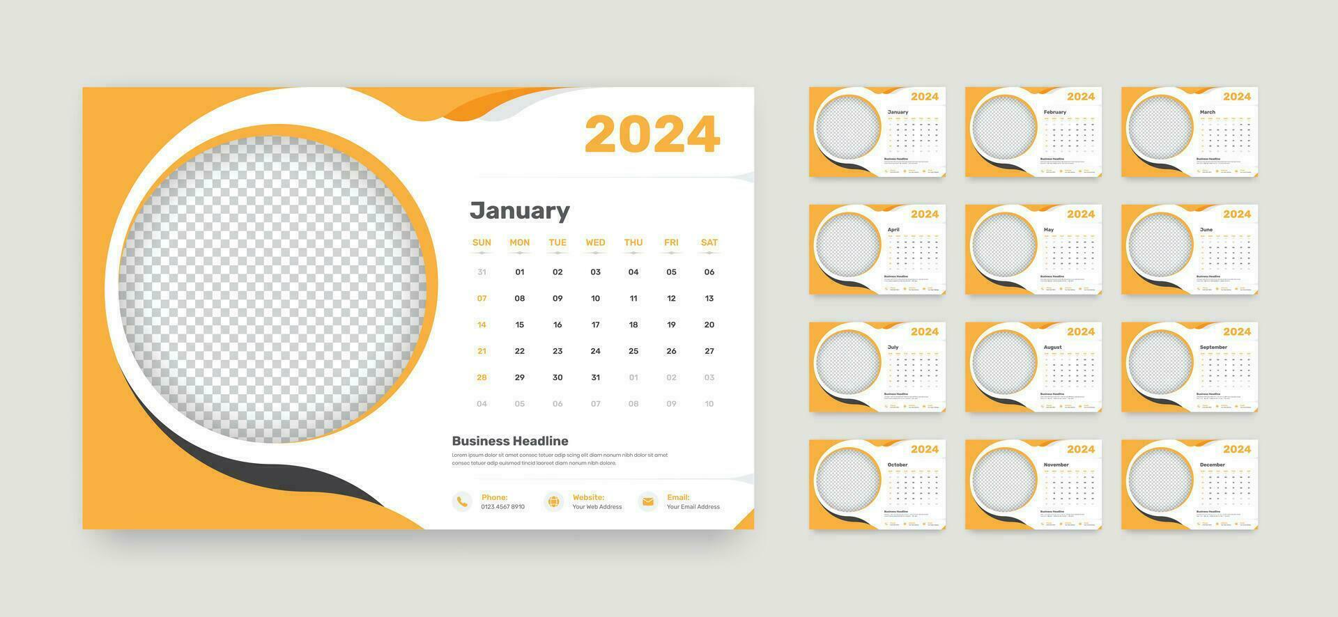 enkel minimalistisk 12 månader skrivbord kalender mall för 2024 med cirkulär Foto Platshållare och abstrakt former vektor