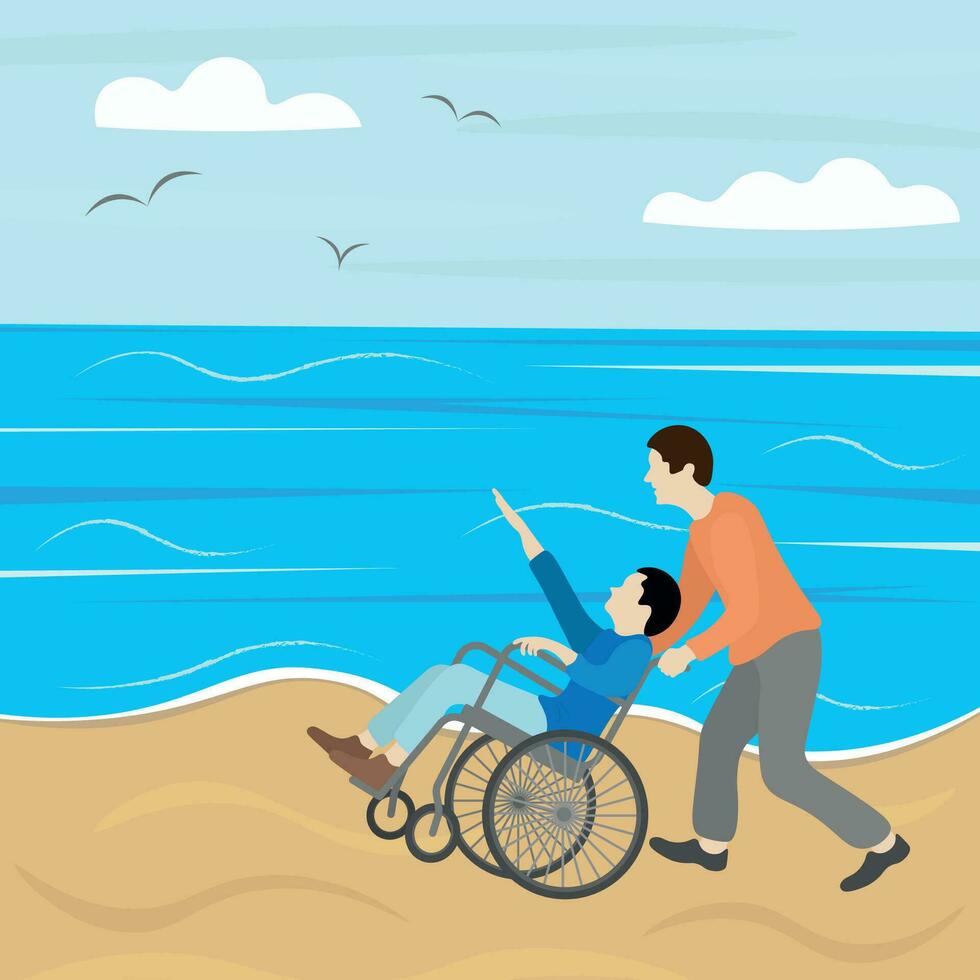 två människor på de hav kust, ett av dem i en rullstol, i rörelse vektor
