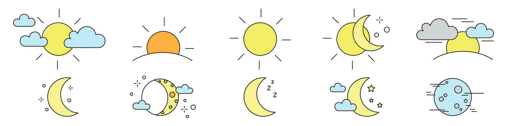 samling av stigande eller miljö Sol, måne faser, moln och stjärnor ikoner. bunt av dag och natt tid piktogram dragen med svart kontur rader på vit bakgrund. vektor