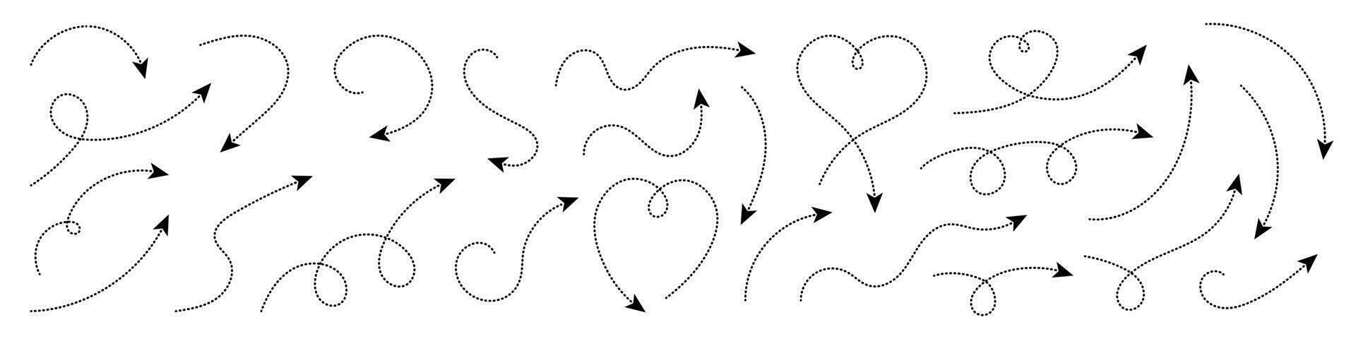 dünn gebogen gepunktet Pfeil. Zickzack- Pfeil Streifen Design mit gepunktet Linien. dünn Pfeile. Vektor Illustration.