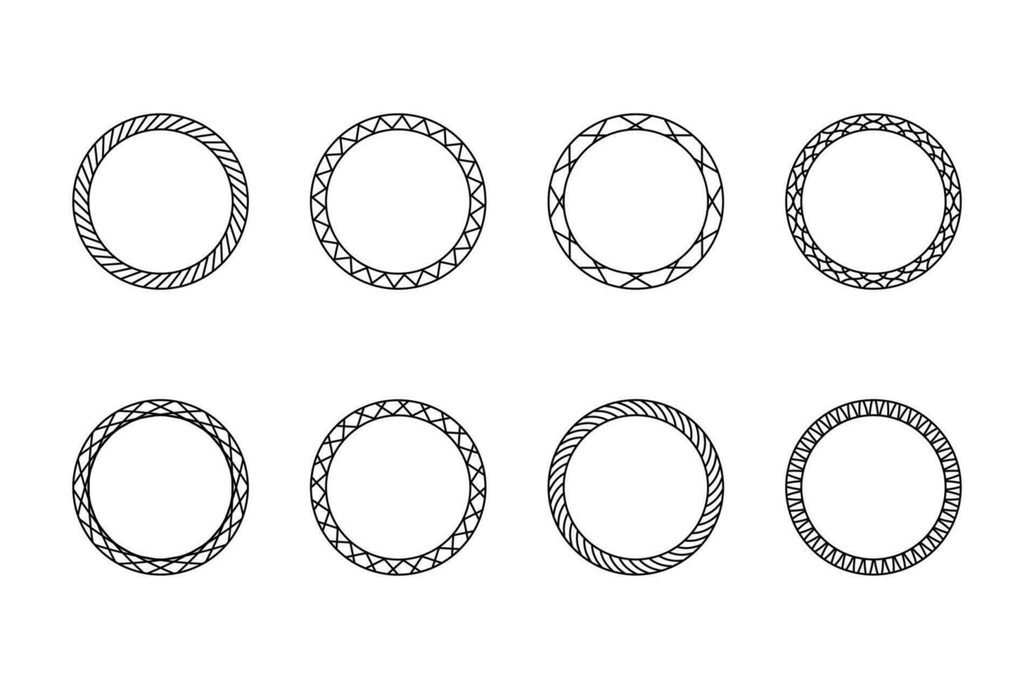 uppsättning av svart årgång cirkulär ramar med prydnad. en uppsättning av abstrakt svart symboler. samling av retro banderoller. cirkel tömma mallar med plats för information och text. vektor
