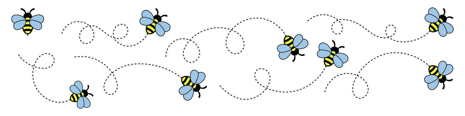 Karikatur Biene fliegend auf ein gepunktet Route. vektor