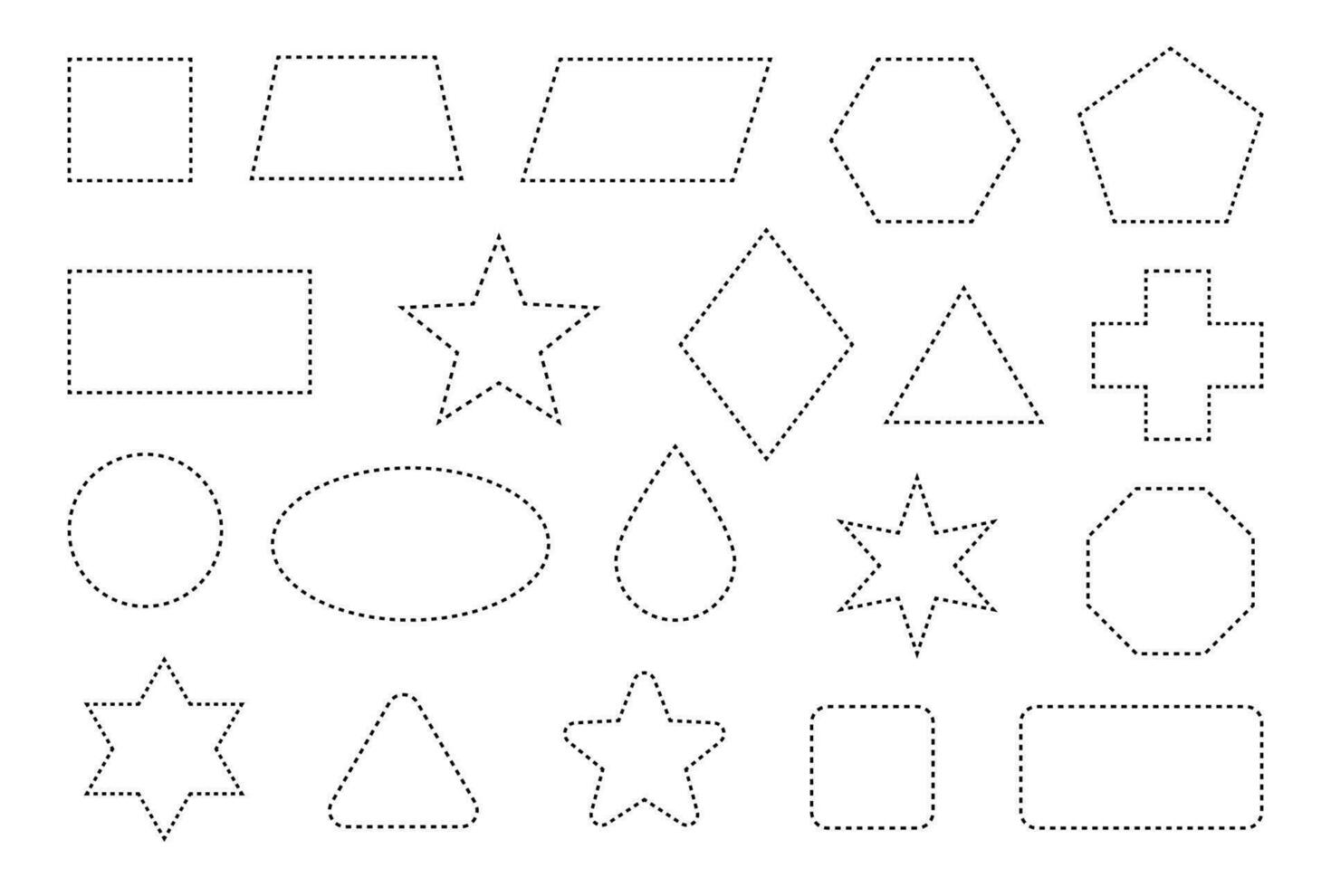 rusa linje former. streckad översikt av cirkel, fyrkant, stjärna, triangel och oval för kupong. design av gräns för grundläggande geometrisk former. ikon av skära ram. vektor illustration.