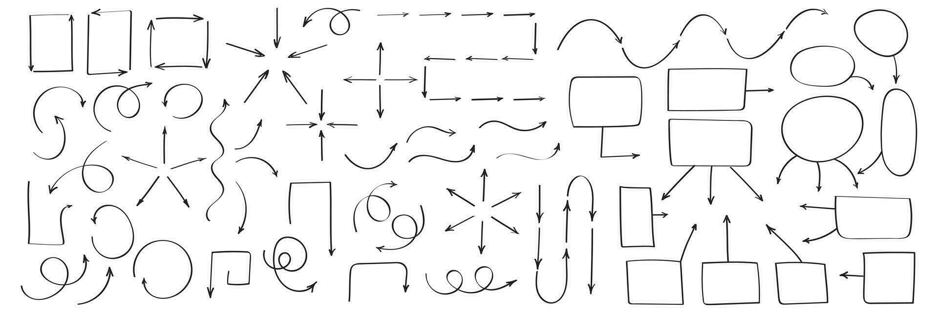 einstellen von Vektor Hand gezeichnet Pfeile und Flussdiagramm Elemente. Sammlung von Zeiger und Rahmen.