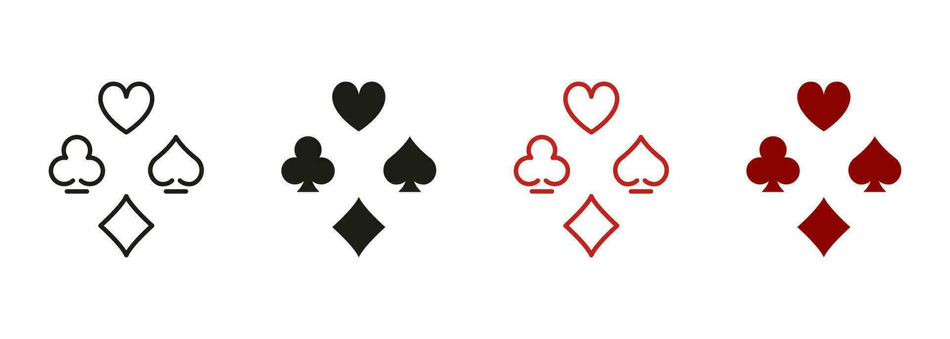 spelar kort, hasardspel spade. kasino spel piktogram. poker spela kostym symbol samling. kort kostym linje och silhuett ikon uppsättning. svart domkraft klubb i las vegas symbol. isolerat vektor illustration.