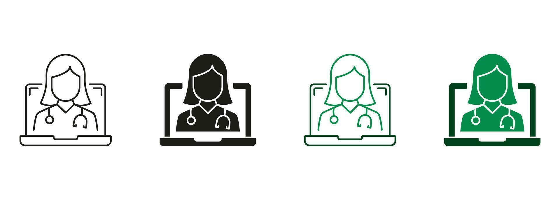 online Fernbedienung Arzt Gesundheit Pflege schwarz und Farbe Piktogramm. virtuell medizinisch Service, Telemedizin Symbol Sammlung. online Digital Medizin Linie und Silhouette Symbol Satz. isoliert Vektor Illustration.