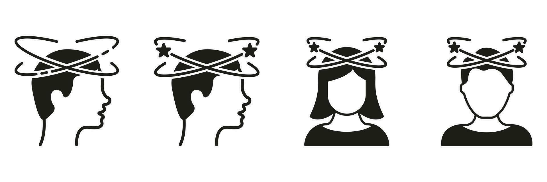 Migräne, Kopfschmerzen, Schwindel, abgelenkt Kopf Symbol Sammlung auf Weiß Hintergrund. Mann und Frau Gefühl schwindlig Silhouette schwarz Symbol Satz. müde Menschen mit Übelkeit Piktogramm. Vektor Illustration.