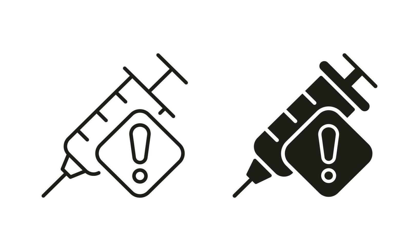 vaccin varning linje och silhuett ikon uppsättning. vaccination spruta med varna tecken. försiktighetsåtgärder handla om läkemedel, dopa, narkotisk spruta symbol samling. isolerat vektor illustration.