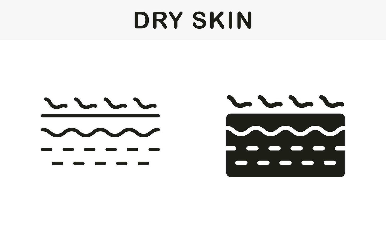 trocken Mensch Haut Linie und Silhouette schwarz Symbol Satz. dehydriert Dermis Problem Piktogramm. Riss, rauh, trocken, Abblättern Haut Struktur Symbol Sammlung. isoliert Vektor Illustration.