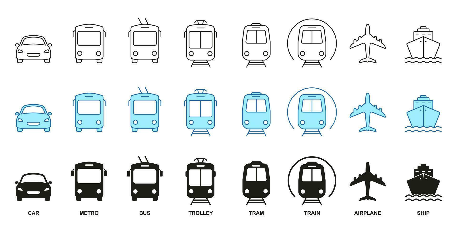 Auto, Bus, Zug, Metro, Schiff, Eisenbahn, Luft Transport, Flugzeug Symbol Sammlung. Öffentlichkeit Transport Linie und Silhouette Symbol Satz. Straße unterzeichnen. Fahrzeug Typen Piktogramm. isoliert Vektor Illustration.