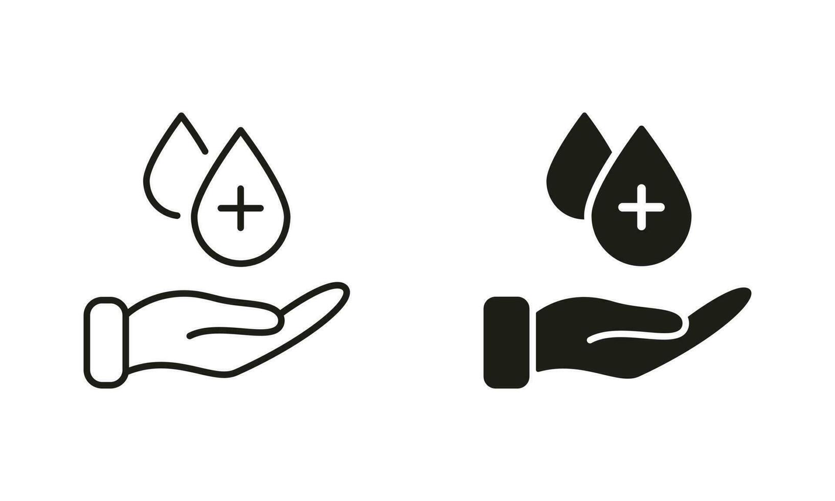 Hygiene Verfahren Linie und Silhouette Symbol Satz. Mensch Hand mit Desinfektionsmittel Flüssigkeit fallen Symbol Sammlung. Hand Waschen, Antiseptikum Alkohol Gel unterzeichnen. Verhütung Konzept. isoliert Vektor Illustration.