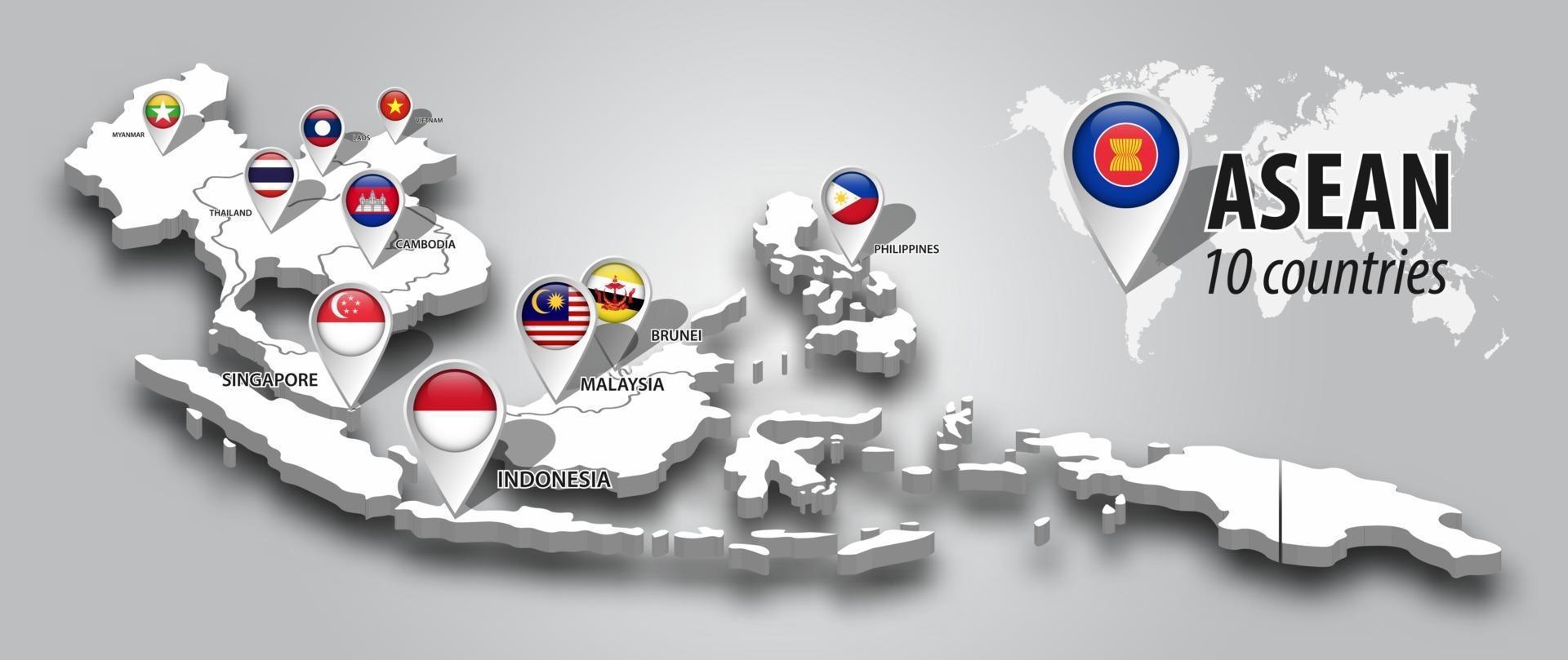 ASEAN- und Mitgliedschaftsflagge auf 3D-Karte Südostasien-Perspektivansicht und GPS-Navigator-Pin auf grauem Hintergrund mit Farbverlauf gradient vektor
