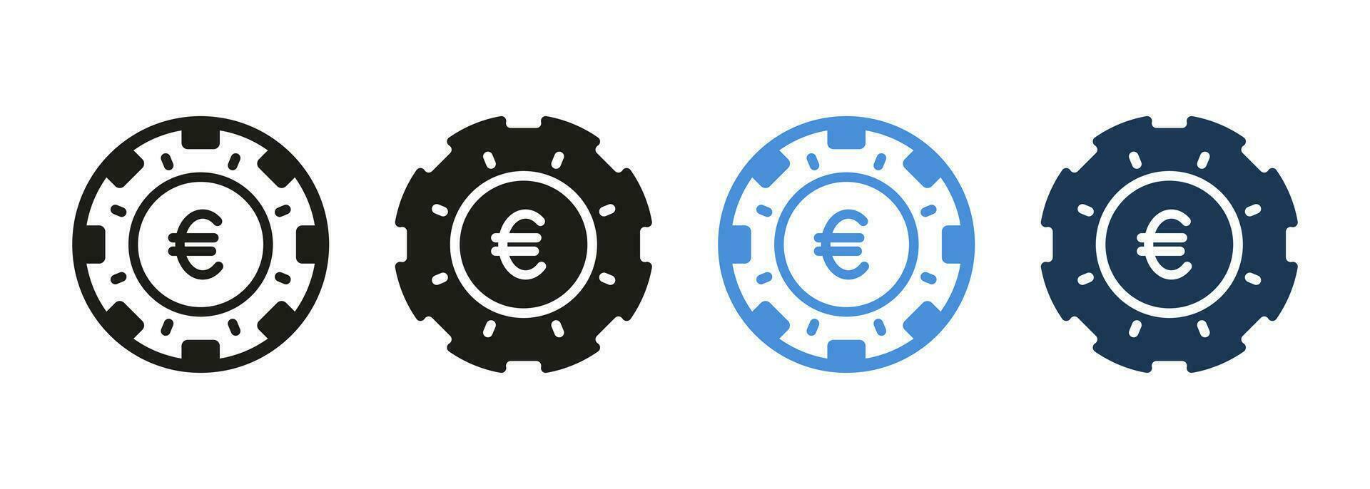 Wetten Euro Chip zum Poker schwarz und Farbe Symbole Satz. Kasino Währung, Poker Geld unterzeichnen. Vermögen Wette, Glücksspiel Spiel Symbol Sammlung. Glücklich im zocken Piktogramm. isoliert Vektor Illustration.