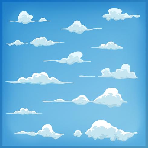 Tecknade moln sätta på blå himmel bakgrund vektor