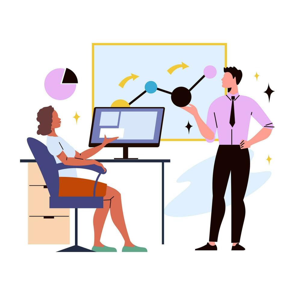 en man presenter försäljning Diagram till Övrig anställd. affärsman och affärskvinna arbetssätt tillsammans på kontor. platt vektor illustration.