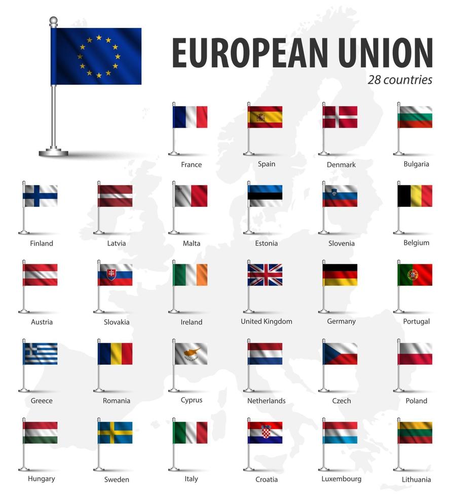 Realistische Flagge der Europäischen Union und Mitgliedschaft mit Fahnenmast auf Europa-Kartenhintergrund. vektor