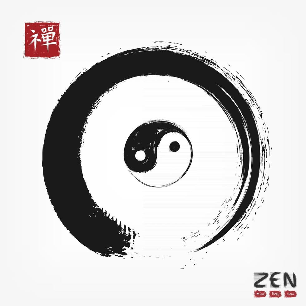 enso zen cirkel med yin och yang symbol och kanji kalligrafisk betydelse zen. akvarellmålning design. buddhism religion koncept. vektor