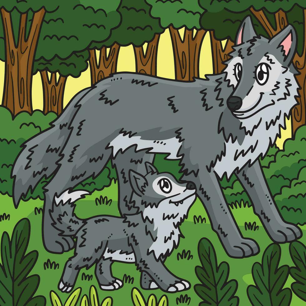 Mutter Wolf und Baby Wolf farbig Karikatur vektor