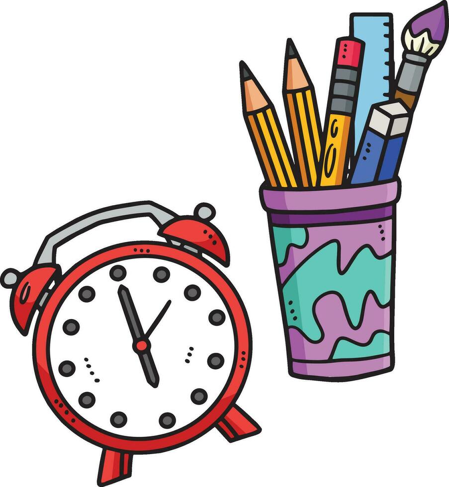 Alarm Uhr, Bleistift Fall Karikatur farbig Clip Art vektor