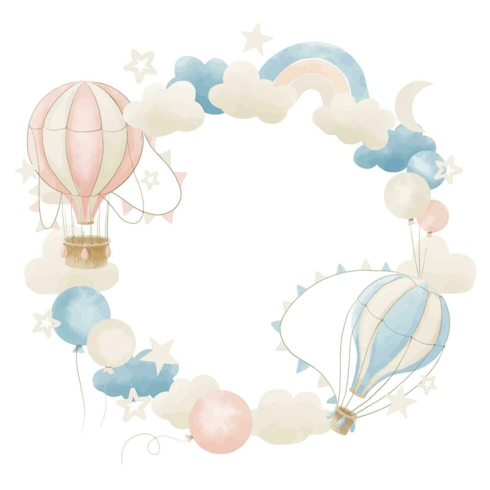 krans med varm luft ballonger i pastell färger. hand dragen cirkulär ram med årgång flygplan med moln och stjärnor för bebis dusch hälsning kort eller unge inbjudningar på vit isolerat bakgrund vektor