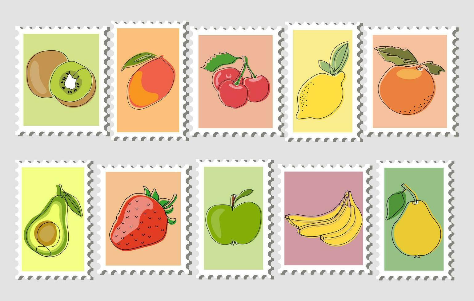 einstellen von Porto Briefmarken mit Früchte. Illustration, Symbole, Vektor