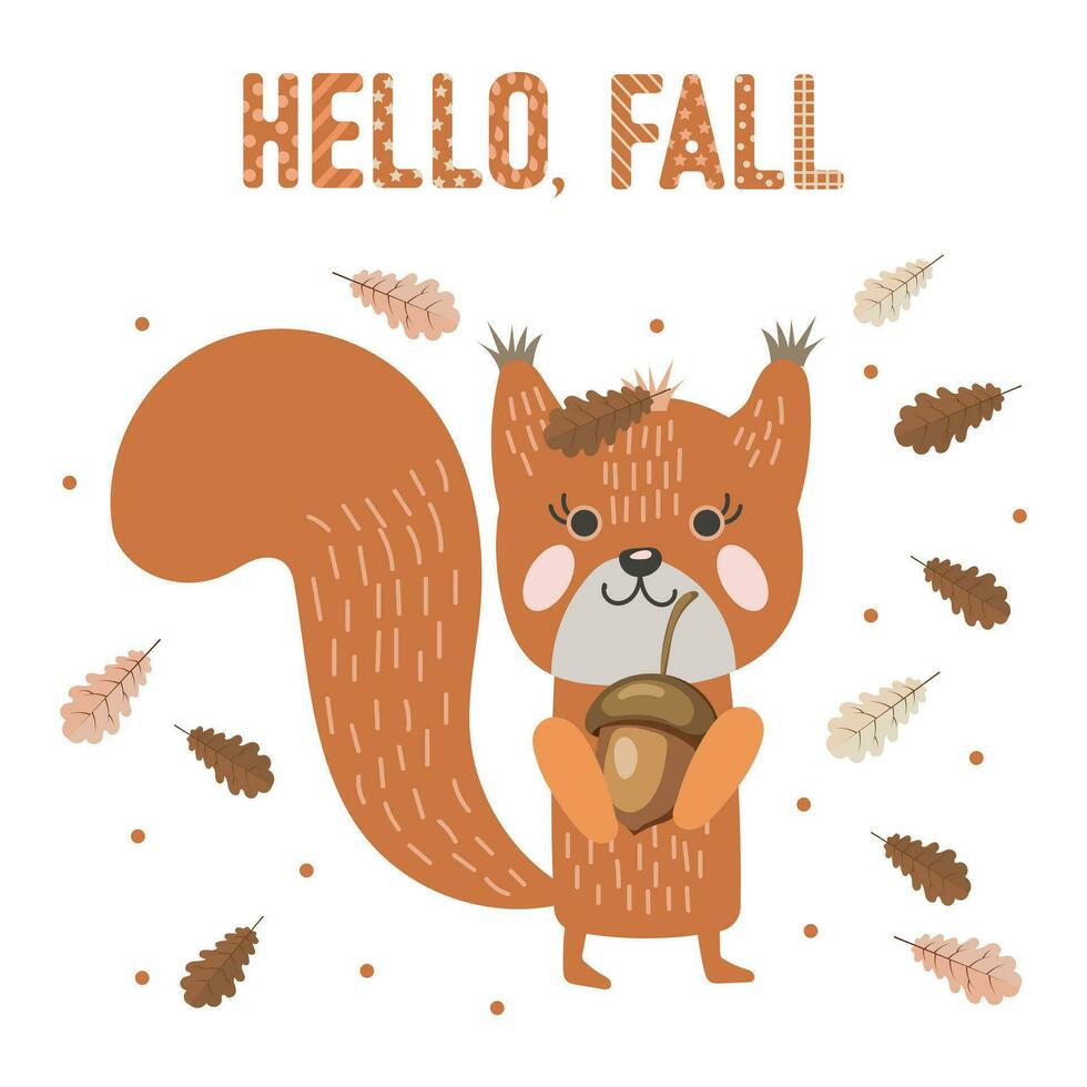 süß Eichhörnchen mit Eichel im Gekritzel Stil mit Herbst Blätter . drucken, Kinder- Illustration, Vektor
