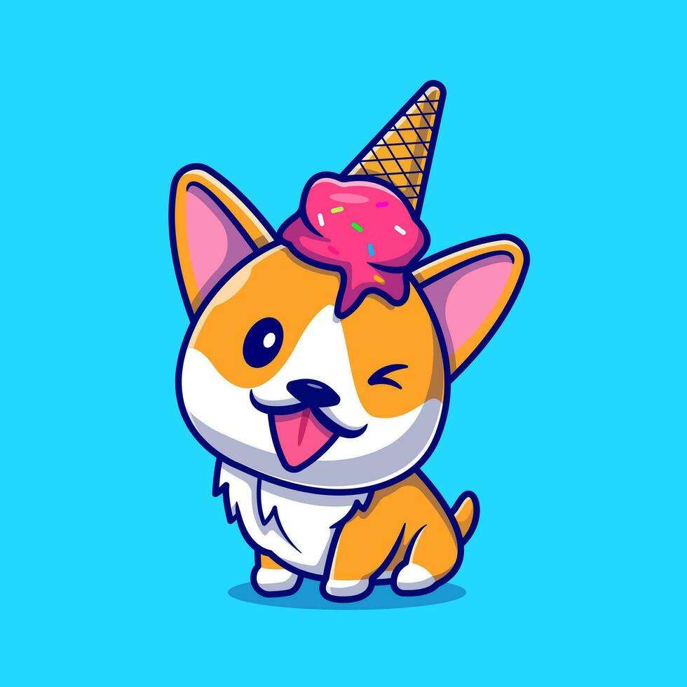 süß Corgi Hund mit Eis Sahne auf Kopf Karikatur Vektor Symbol Illustration. Tier Essen Symbol Konzept isoliert Prämie Vektor. eben Karikatur Stil