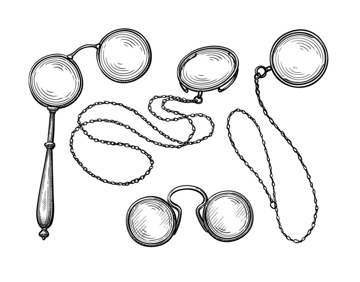 pince-nez, lorgnette och monokler. årgång glasögon. gammal korrigerande linser. bläck skiss uppsättning isolerat på vit bakgrund. hand dragen vektor illustration. retro stil.