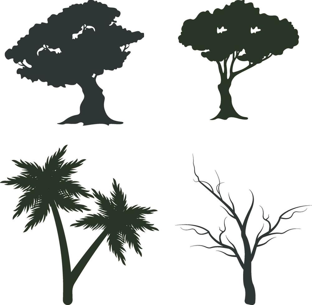 silhuett träd. tall skogar och parker av gran och gran, barr- och lövfällande träd. vektor isolerat natur retro illustration uppsättning