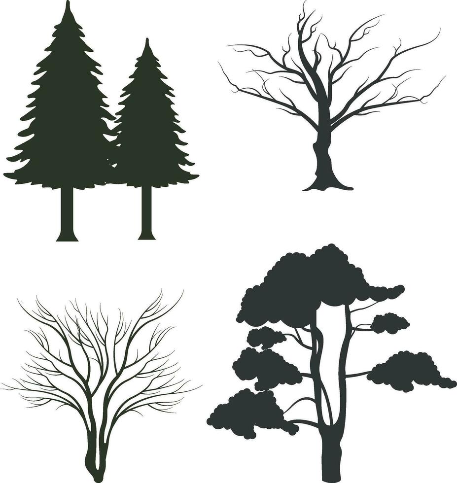 silhuett träd. tall skogar och parker av gran och gran, barr- och lövfällande träd. vektor isolerat natur retro illustration uppsättning