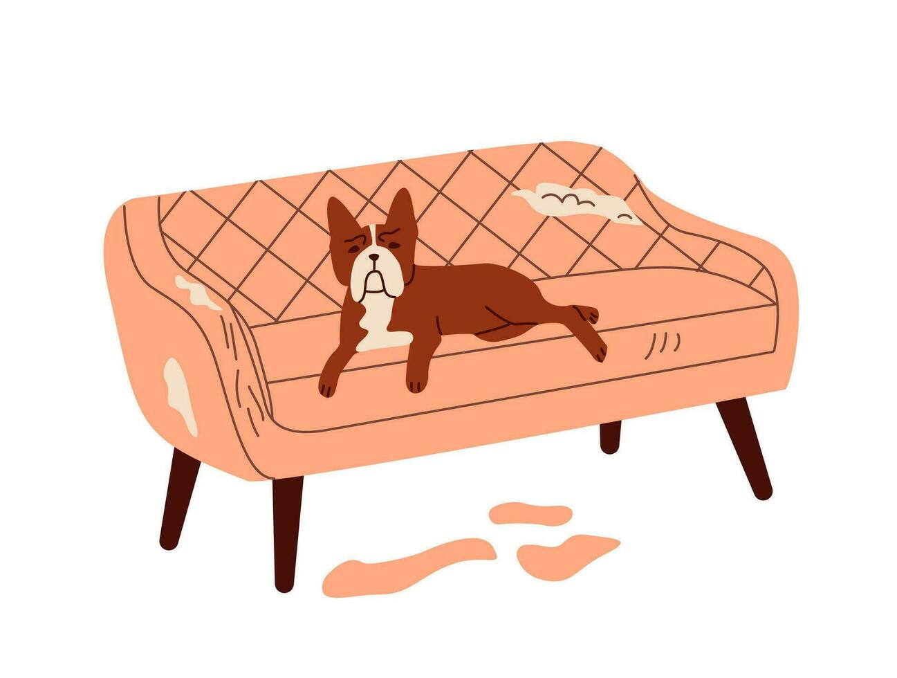 dålig hund beteende. hund förstöra möbel, skadlig, ripping soffa. platt vektor illustration.