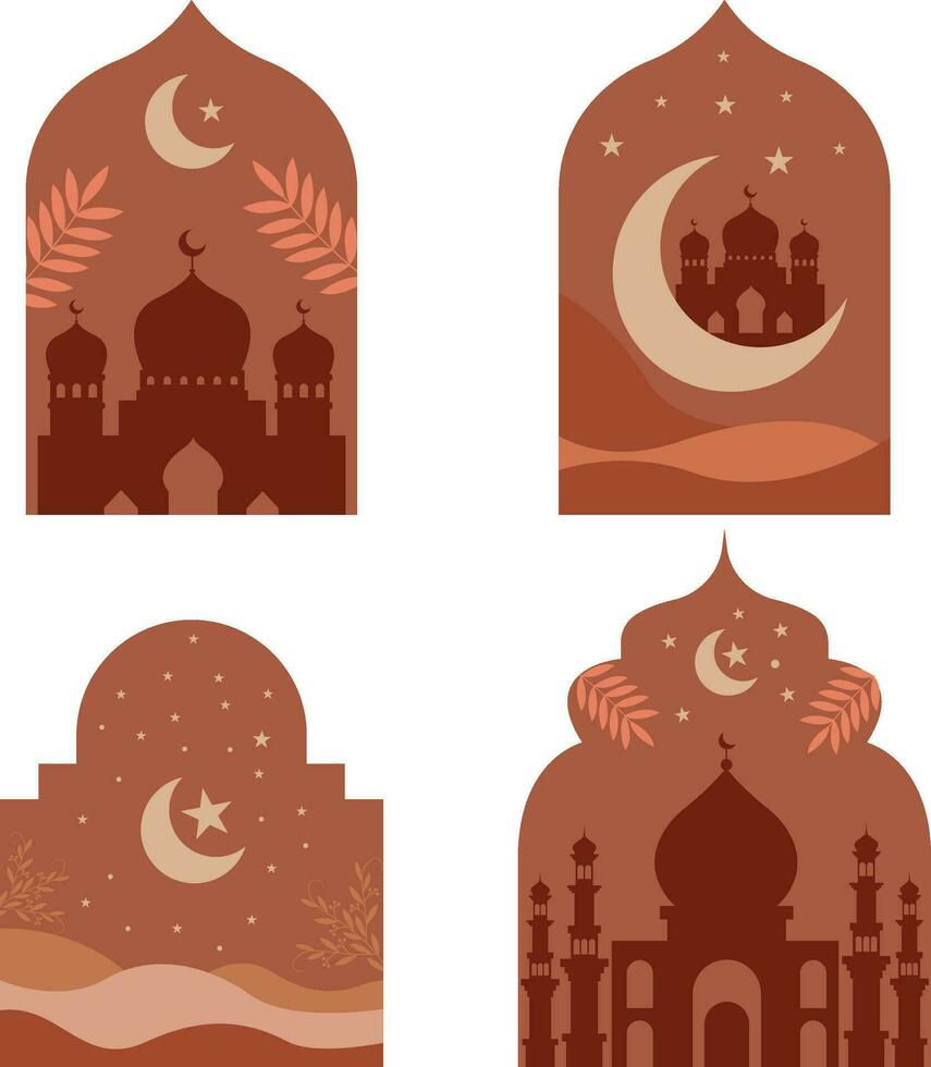 boho islamisk. stil islamic fönster och valv med modern boho design, måne, moské kupol och lyktor vektor