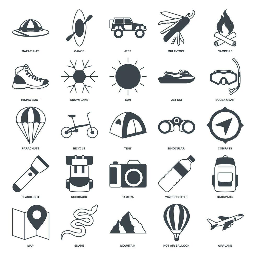 Abenteuer Symbol Satz, Sommer- Camping Ausflug Symbole Sammlung, Logo Illustrationen, Tourismus oder Wandern Zeichen Paket isoliert Vektor Illustration