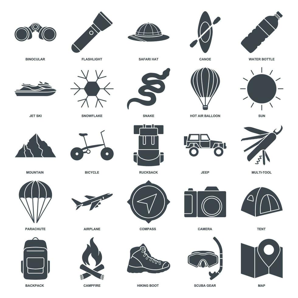 Abenteuer Symbol Satz, Sommer- Camping Ausflug Symbole Sammlung, Logo Illustrationen, Tourismus oder Wandern Zeichen Paket isoliert Vektor Illustration