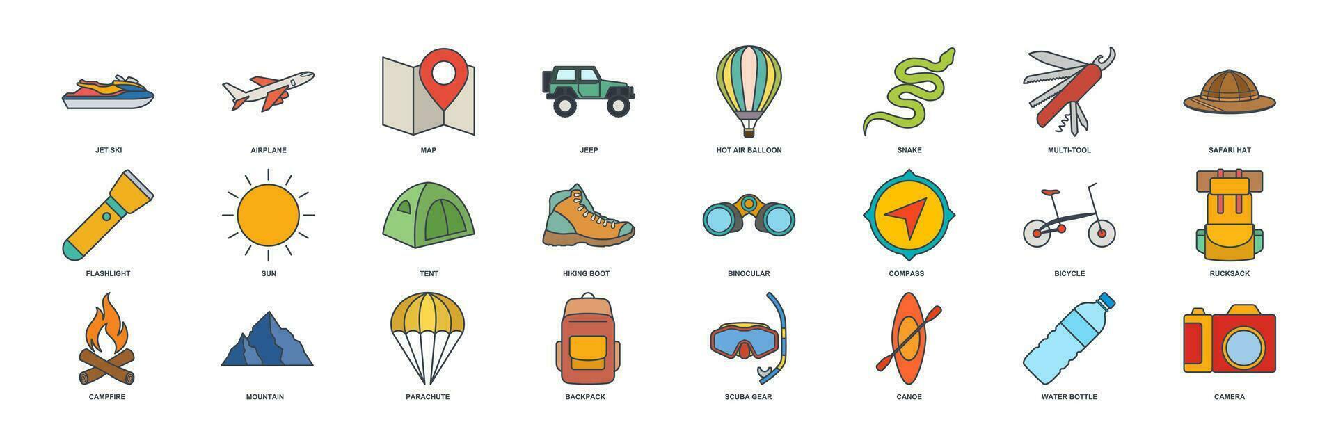 äventyr ikon uppsättning, sommar camping resa symboler samling, logotyp illustrationer, turism eller vandring tecken paket isolerat vektor illustration