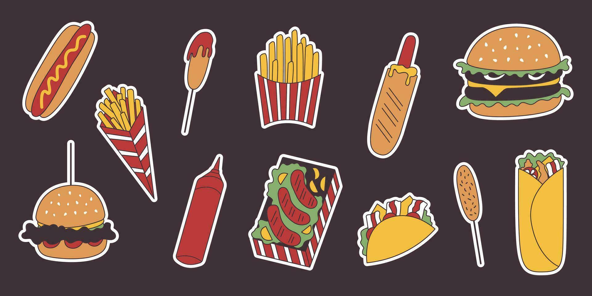 schnell Essen groovig Aufkleber Satz. retro Burger, heiß Hunde, Mais Hunde, Würste, Französisch Fritten, Tortilla, Döner Kebab. Straße Essen Gekritzel Konzept. Hand gezeichnet Illustration isoliert auf braun Hintergrund. vektor