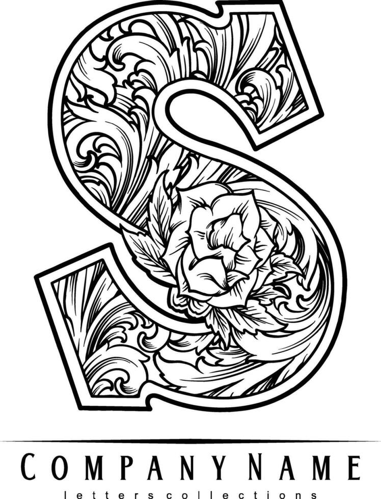botanisk elegans graverat monogram s med blommig utsmyckningar silhuett vektor illustrationer för din arbete logotyp, handelsvaror t-shirt, klistermärken och märka mönster, affisch, hälsning kort