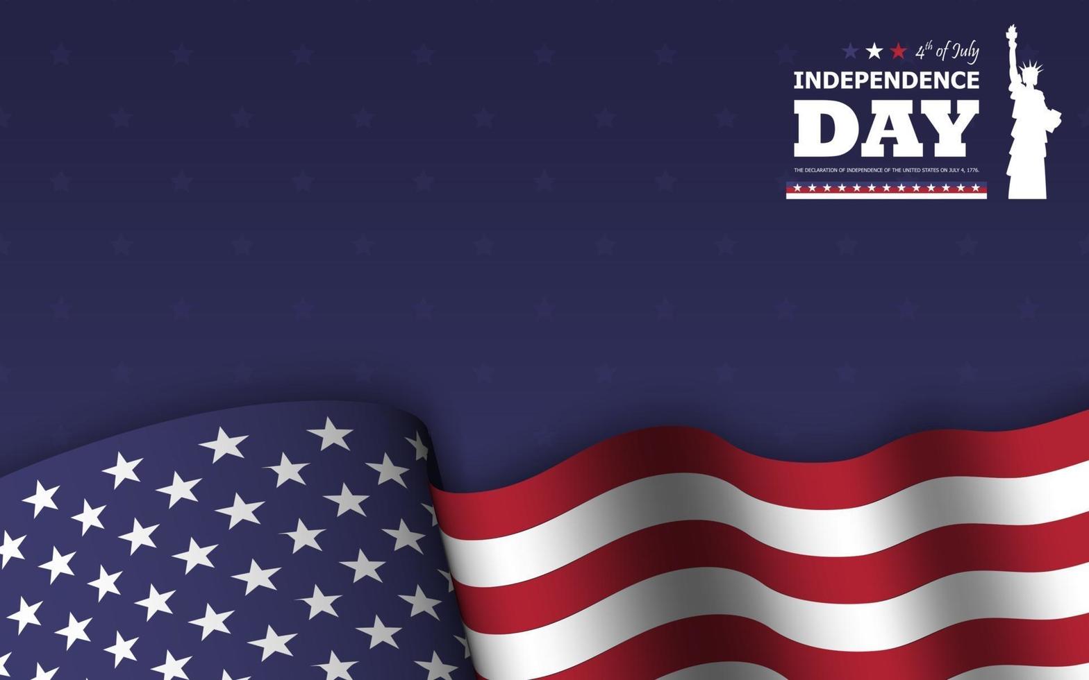 4 juli lycklig självständighetsdag för Amerika bakgrund. Frihetsgudinnan platt silhuett design med text och viftande amerikanska flaggan på lägre på blå stjärna konsistens. vektor