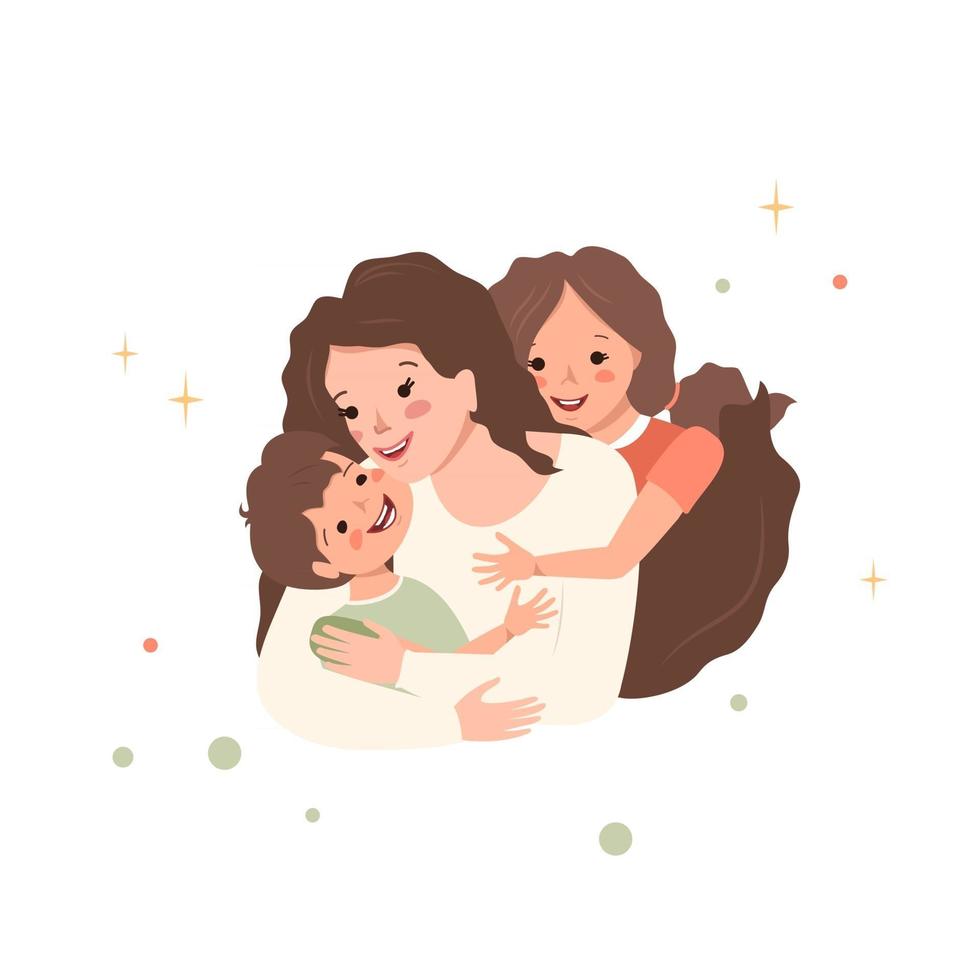 Mama umarmt ihren Sohn und ihre Tochter. glückliche Familie. Mama Liebe für Kinder. Internationaler Mutterschaftstag, Frauentag. Erziehung und Fürsorge vektor