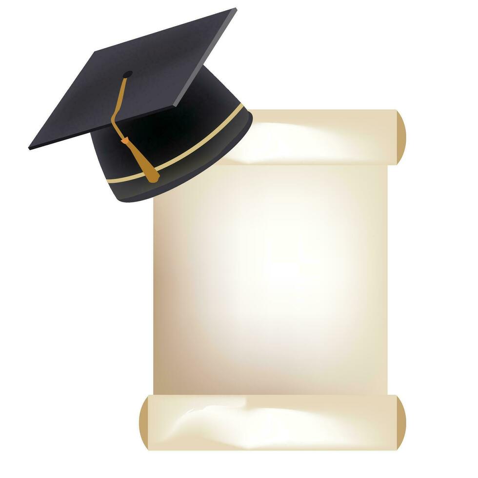 Absolvent Hochschule, hoch Schule oder Universität Deckel isoliert auf Weiß Hintergrund. Vektor 3d Grad Zeremonie Hut mit golden Quaste. schwarz lehrreich Schüler Deckel Symbol.